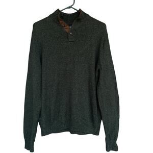 Chaps Sweater Mens Medium Green Quarter Button Pullover Elbow Patches Cotton